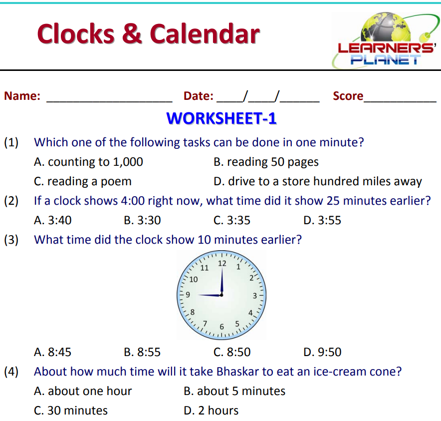 Clock and calendar worksheet for free